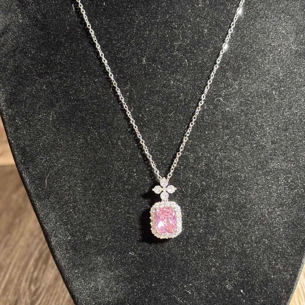 SILVER PINK CZ NECKLACE stainless steel chain. Charm is 18 carat over copper. - Picture 1 of 4
